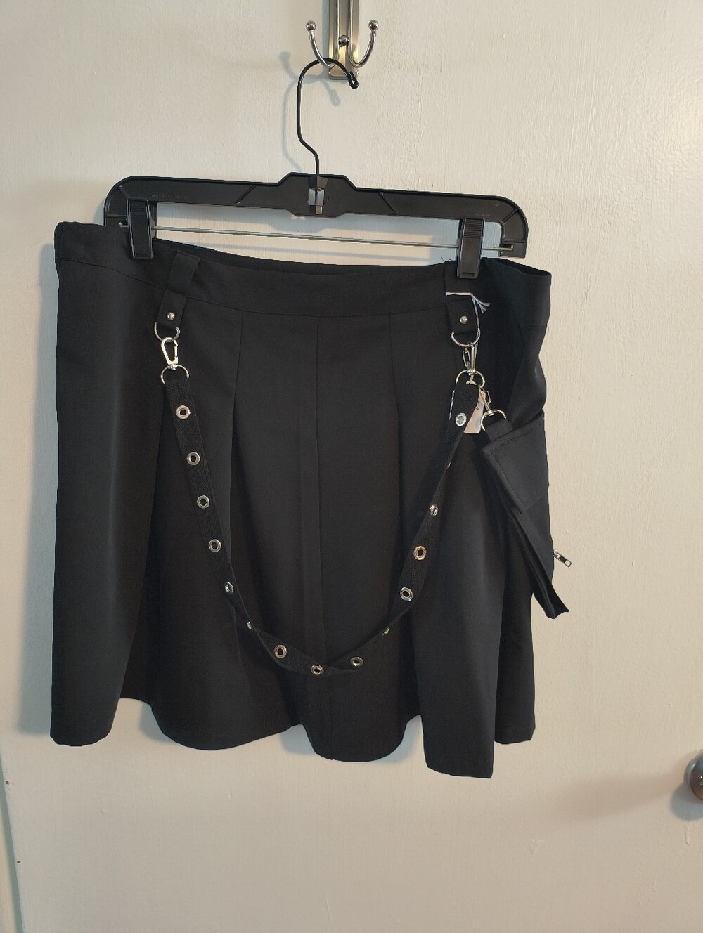 Goth Emo Black Pleated Mini Skirt with Detachable Grommet Strap
